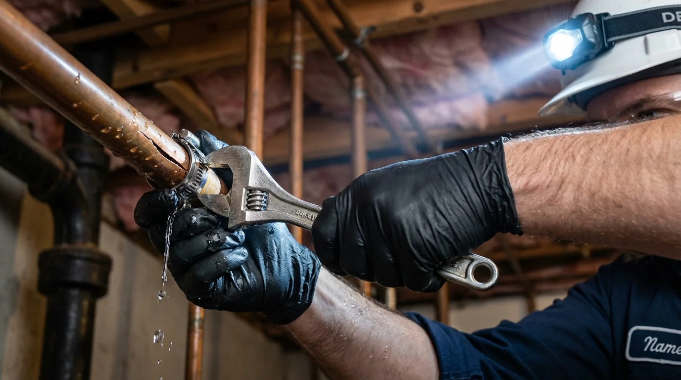 Emergency pipe clamp repair being performed by a Johns Plumbing LLC plumber in Waskom