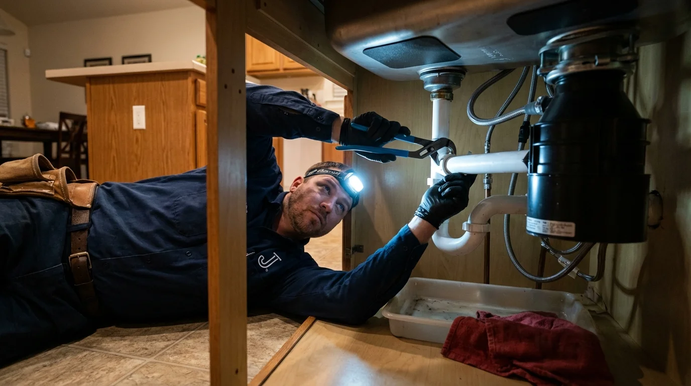 P-trap and supply line connections under a kitchen sink showing a common leak point in Waskom, TX
